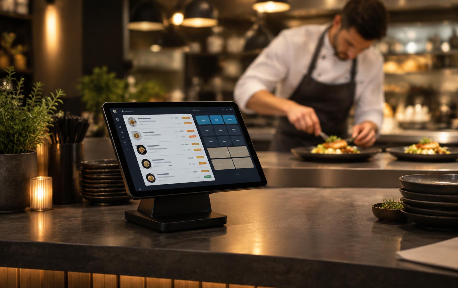 Tablet register on a restaurant counter with a chef plating food behind